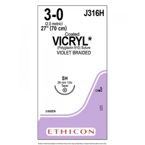 ETHICON Vicryl Suture J316H 3-0 SH 26mm 70cm 1/2C (36) Violet