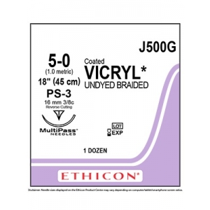 ETHICON Vicryl Suture J500G 5-0 PS-3 16mm 3/8C 45cm (12) Undyed 