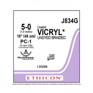 ETHICON Vicryl Suture 834G 5-0 13mm 3/8 Circle PC-1 45cm Undyed (12)