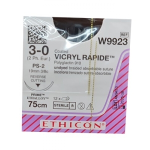 ETHICON Vicryl Rapide Sutures W9923 3-0 19mm PS-2 75cm (12) Undyed