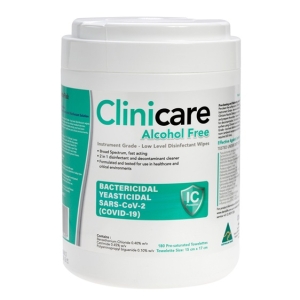 Clinicare Alcohol Free IG Disinfectant Wipes Canister (180) 15x17cm